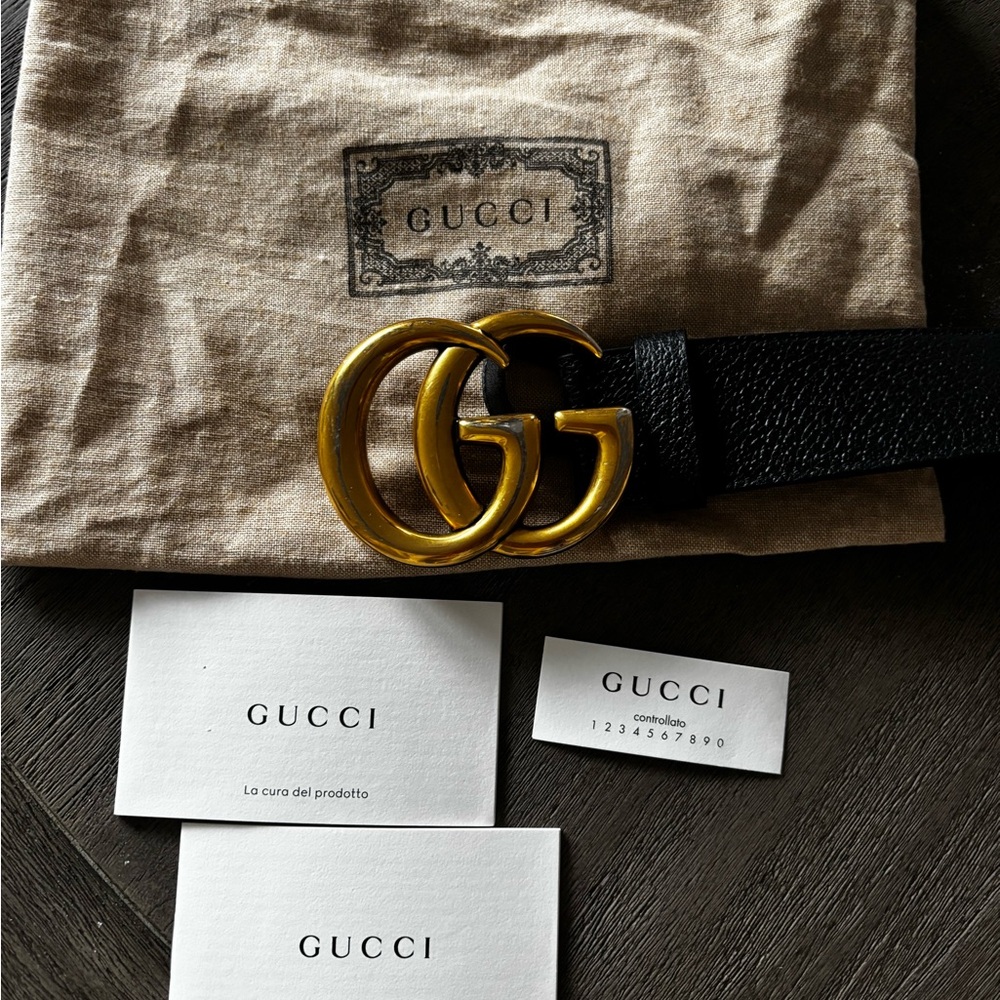 GUCCI GG Marmont belt Size 85/34 leather black gold metal AUTHENTIC